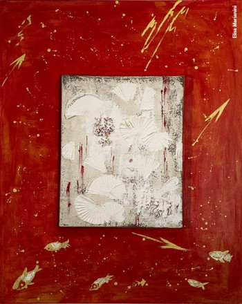 Elisa Marianini, «L'albero della neve fiorito di stelle rosse», Encausto, colori acrilici e metallici, 100 x 80, 2011